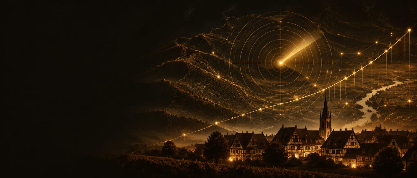Village alsacien aux maisons à colombages et à l’église éclairées de nuit, avec un radar et une courbe ascendante lumineuse en superposition